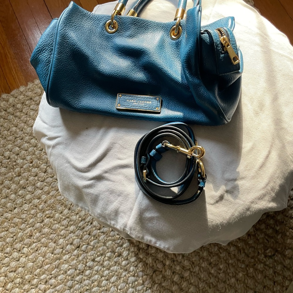 Marc Jacobs teal blue satchel with shoulder strap.